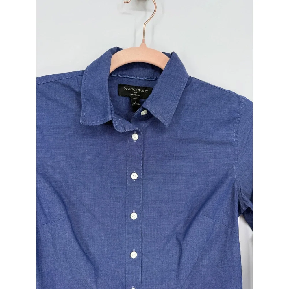 Banana Republic Button Down Shirt Women 2 Petite Blue Tailored Fit Long Sleeve